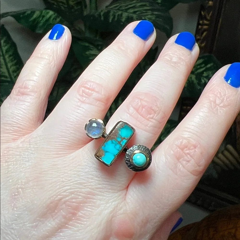 WOW! Artisan Turquoise Moonstone Sterling Silver Modernist Abstract Square Ring
